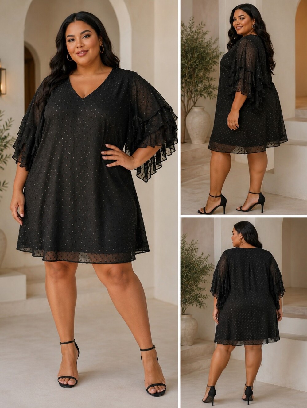 Signature by Robbie Bee Black V-Neck Ruffle Sleeve Midi Dress with Sparkle